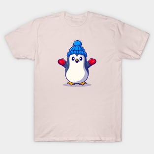 Cute Penguin Wearing Glove and hat Cartoon T-Shirt